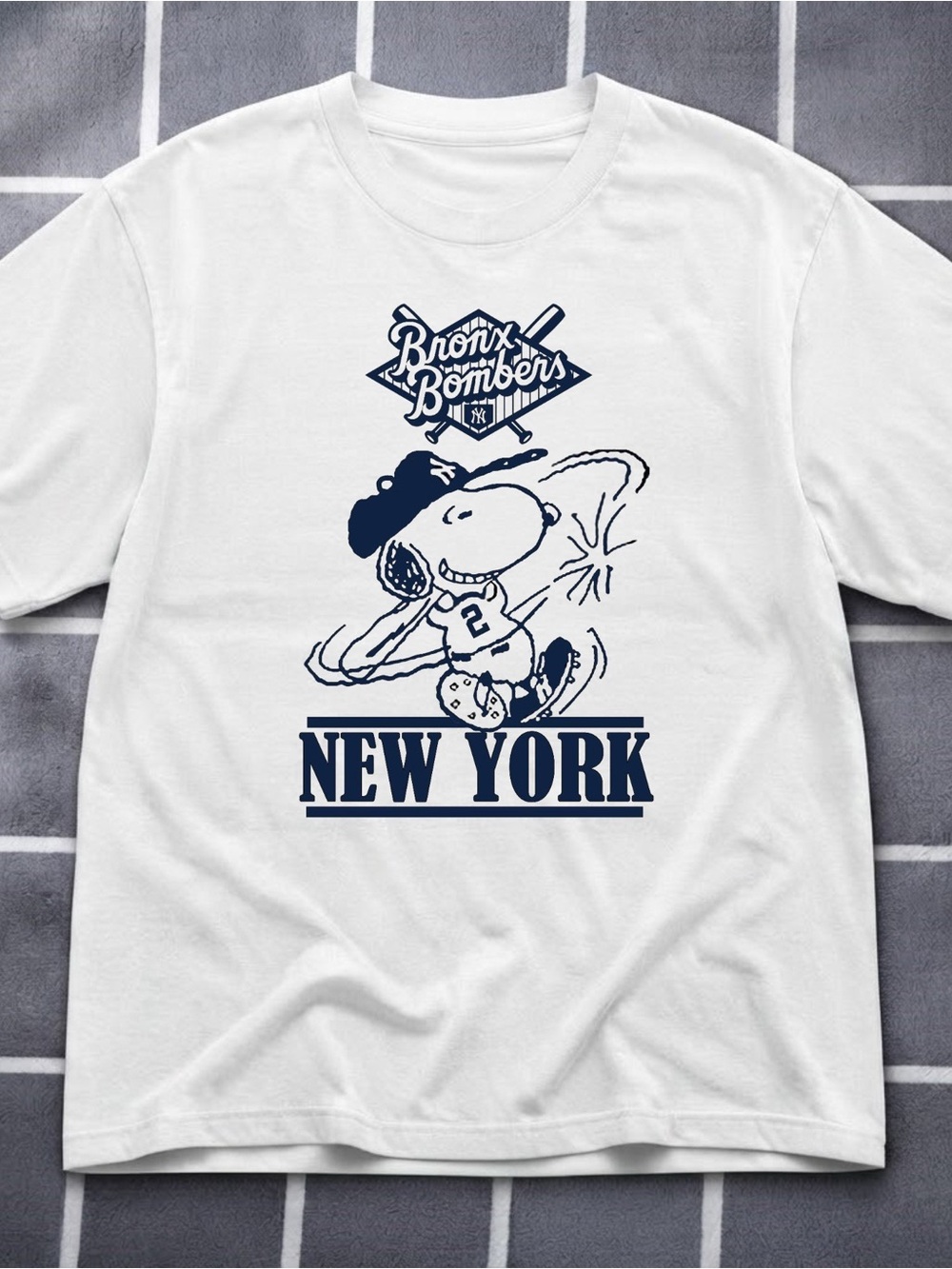 Gildan White Graphic Tee with Navy Snoopy Bronx Bombers NEW YORK